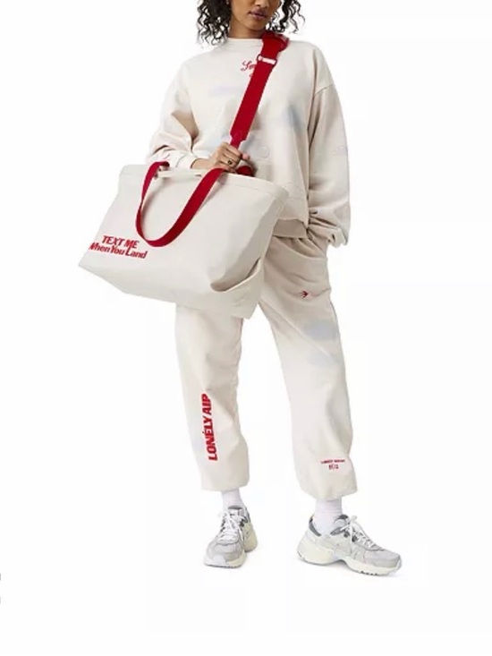 LONELY GHOST Handbags - LONELY GHOST White Canvas Tote with Red Straps and Red Slogan